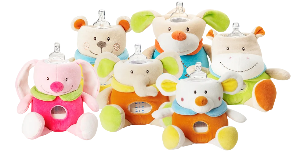 The MilkySnugz range: six plush animal comforters, each holding a baby bottle